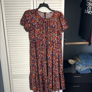 J. Crew Navy Floral Short-Sleeve Midi Dress in Orange & Red Accents